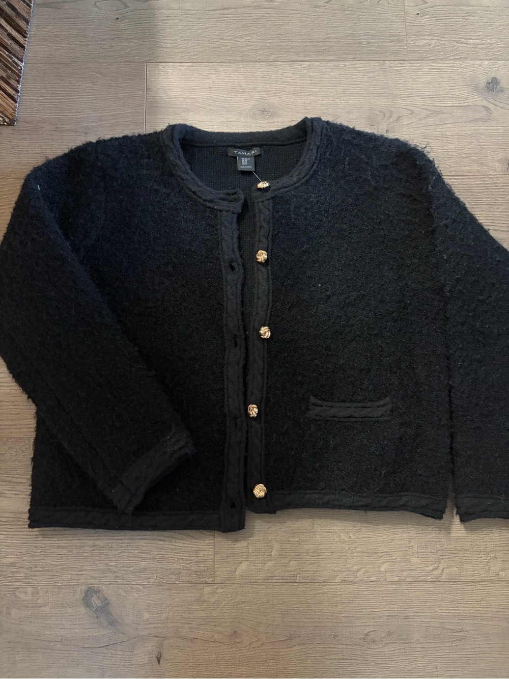 Tahari XL Black Knit Cardigan with Gold Knot Buttons